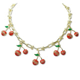 109225, 14K GOLD PLATED ENAMEL CUBIC ZIRCONIA ACCENT CHERRY CHARMS DESIGNER INSPIRED NECKLACE
