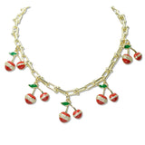 109225, 14K GOLD PLATED ENAMEL CUBIC ZIRCONIA ACCENT CHERRY CHARMS DESIGNER INSPIRED NECKLACE