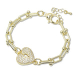 109228, 14K GOLD PLATED CUBIC ZIRCONIA HEART LOCK BEADED LUNK CHAIN DESIGNER INSPIRED BRACELET