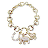 109230, 14K GOLD PLATED ELEPHANT HORSESHOE CLOVER CUBIC ZIRCONIA CHARM DESIGNER INSPIRED BRACELET