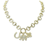 109231, 14K GOLD PLATED ELEPHANT HORSESHOE CLOVER CUBIC ZIRCONIA CHARM DESIGNER INSPIRED NECKLACE