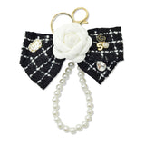 109267, NUMBER 5 HEART FLOWER ACCENT CHIC TWEED BOW KEYCHAIN BAG CHARM WITH PEARL LOOP