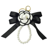 109268, TWEED FLOWER BOW KEYCHAIN BAG CHARM WITH PEARL LOOP