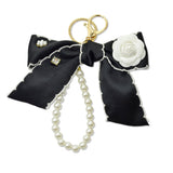 109269, FLOWER ACCENT RIBBON BOW KEYCHAIN BAG CHARM WITH PEARL LOOP