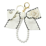 109269, FLOWER ACCENT RIBBON BOW KEYCHAIN BAG CHARM WITH PEARL LOOP