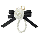 109271, ELEGANT FLOWER ACCENT BLACK BOW KEYCHAIN BAG CHARM WITH PEARL LOOP