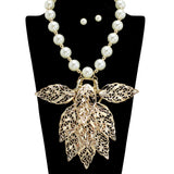 109279, BOLD LEAF CLUSTER PEARL STATEMENT NECKLACE