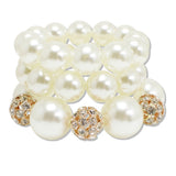 109287, CHUNKY PEARL WITH RHINESTONE FIREBALL ACCENT MULTI LAYERED STRETCH BRACELET