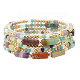 109295, RECTANGLE NATURAL STONE ACCENT MULTI LAYERED BEAD STRETCH BRACELET