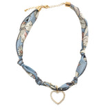 109297, PAVE HEART CHARM FLORAL FABRIC SCARF NECKLACE