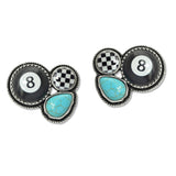 109316, WESTERN LUCKY 8 BALL CHECKERED TURQUOISE ACCENT EARRING