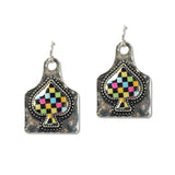 109321, WESTERN MULTI COLOR CHECKERED SPADE CATTLE TAG EARRING