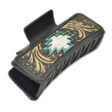 109325, WESTERN AZTEC LEATHER RECTANGULAR GRANDE HAIR CLAW CLIP WITH COWHIDE INLAY