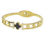 109328, CLOVER CENTERPIECE CRYSTAL ACCENTS STAINLESS STEEL BANGLE BRACELET
