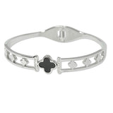 109328, CLOVER CENTERPIECE CRYSTAL ACCENTS STAINLESS STEEL BANGLE BRACELET
