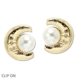 109333, CRESCENT TEXTURED WITH PEARL CLIP ON EARRING