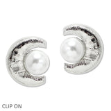 109333, CRESCENT TEXTURED WITH PEARL CLIP ON EARRING