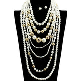 109338, LONG MULTI LAYERED PEARL GOLD BEADED NECKLACE