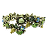 109342, ANTIQUE GOLD TONE VINTAGE INSPIRED CRYSTAL FLORAL STRETCH OPEN BANGLE BRACELET