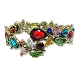 109342, ANTIQUE GOLD TONE VINTAGE INSPIRED CRYSTAL FLORAL STRETCH OPEN BANGLE BRACELET