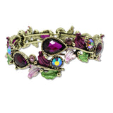 109342, ANTIQUE GOLD TONE VINTAGE INSPIRED CRYSTAL FLORAL STRETCH OPEN BANGLE BRACELET