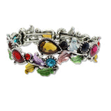 109342, ANTIQUE SILVER TONE VINTAGE INSPIRED CRYSTAL FLORAL STRETCH OPEN BANGLE BRACELET