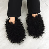 109362, FLUFFY BLACK CURLY FAUX FUR SLIPPERS