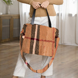 109364, TAN CHECK PLAID PATTERN FAUX FUR TOTE BAG