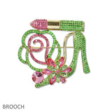 109368, SORORITY CRYSTAL HIGH HEEL LIPSTICK FLOWER BROOCH