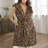109373, LEOPARD SOFT FAUX FUR HOODED VEST COAT WITH BELT