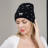 109379, KNIT BEANIE WITH PEARL AND BOW ACCENTS