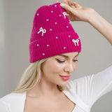 109379, KNIT BEANIE WITH PEARL AND BOW ACCENTS
