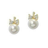 109385, CUBIC ZIRCONIA BOW ACCENT PEARL STUD EARRING