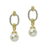 109390, 14K GOLD PLATED TWO TONE PEARL DESIGNER INSPIRED DROP EARRING