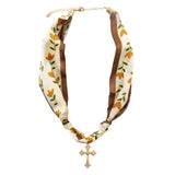 109402, CRYSTAL CROSS PENDANT FLORAL FABRIC SCARF NECKLACE