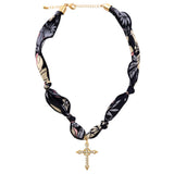 109403, CRYSTAL CROSS PENDANT FLORAL FABRIC SCARF NECKLACE