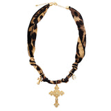 109404, CRYSTAL CROSS PENDANT LEOPARD FABRIC SCARF NECKLACE