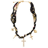 109406, CRYSTAL CROSS STAR HEART CHARMS FLORAL FABRIC SCARF NECKLACE