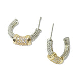 109451, 14K GOLD PLATED TWO TONE TEXTURED PAVE CUBIC ZIRCONIA ACCENT DESIGNER INSPIRED HOOP EARRING