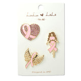 109495, 3 PIECE SET CRYSTAL ENAMEL HEART LADY PINK RIBBON BROOCH PIN