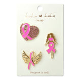 109495, 3 PIECE SET CRYSTAL ENAMEL HEART LADY PINK RIBBON BROOCH PIN