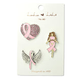109495, 3 PIECE SET CRYSTAL ENAMEL HEART LADY PINK RIBBON BROOCH PIN
