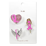 109495, 3 PIECE SET CRYSTAL ENAMEL HEART LADY PINK RIBBON BROOCH PIN