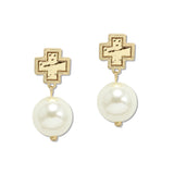 109537, HAMMERED CROSS ACCENT PEARL DANGLE EARRING