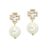 109537, HAMMERED CROSS ACCENT PEARL DANGLE EARRING
