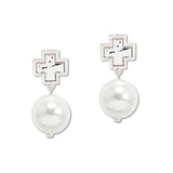 109537, HAMMERED CROSS ACCENT PEARL DANGLE EARRING
