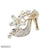 109606, RHINESTONE EMBELLISHED FLOWER HIGH HEEL BROOCH PIN