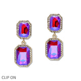 109614, RECTANGULAR RHINESTONE CLIP ON DANGLE EARRING