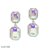 109614, RECTANGULAR RHINESTONE CLIP ON DANGLE EARRING