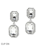 109614, RECTANGULAR RHINESTONE CLIP ON DANGLE EARRING